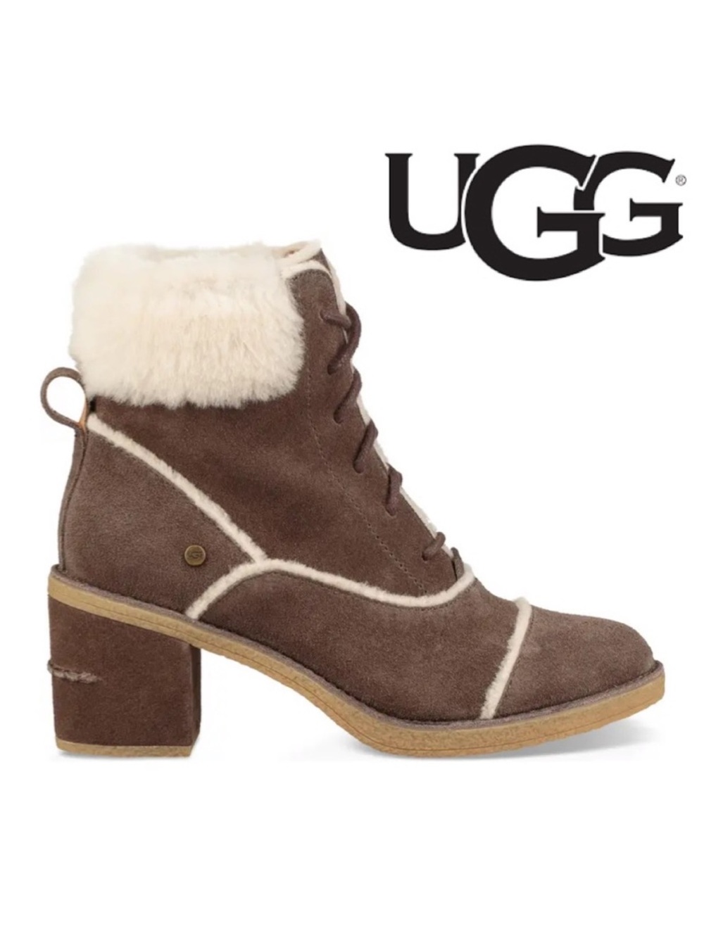 Ugg Esterly Boots Suede Shearling Trim Block Heel Brown Lace Up Women’s 7 Boho